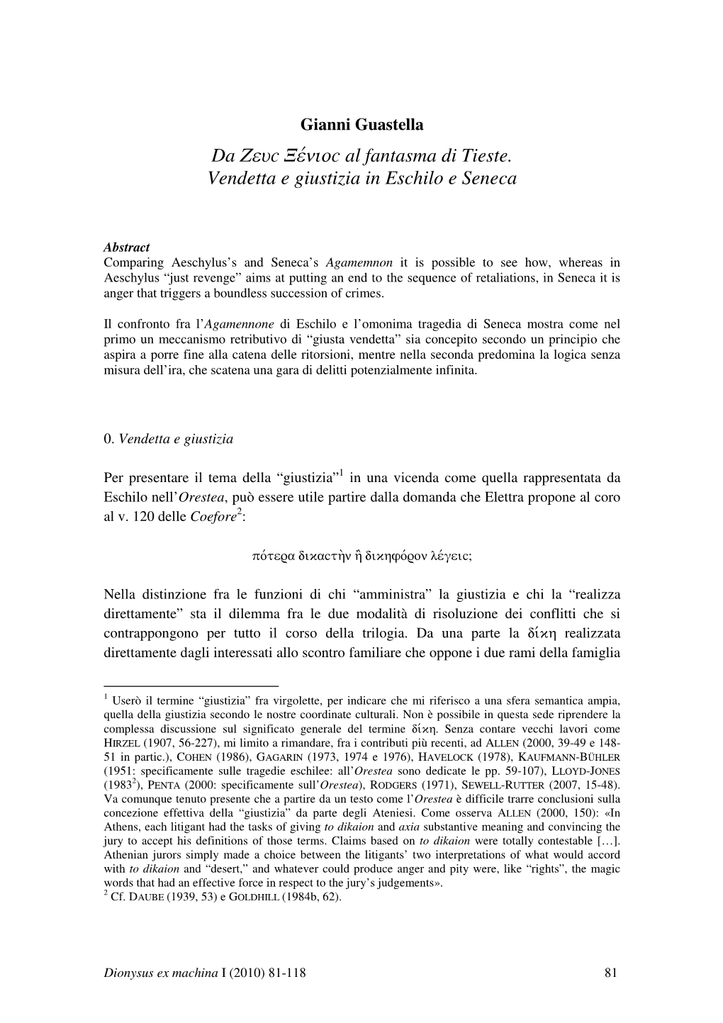 Da Zeuž Xevn Iož Al Fantasma Di Tieste. Vendetta E Giustizia in Eschilo E Seneca