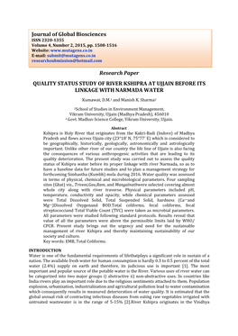 Research Paper QUALITY STATUS STUDY of RIVER KSHIPRA at UJJAIN BEFORE ITS LINKAGE with NARMADA WATER