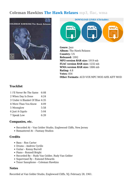 Coleman Hawkins the Hawk Relaxes Mp3, Flac, Wma