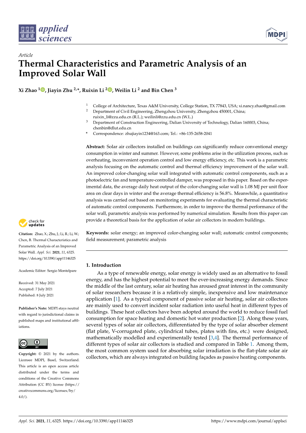 Thermal Characteristics and Parametric Analysis of an Improved Solar Wall