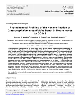 Phytochemical Profiling of the Hexane Fraction of Crassocephalum Crepidioides Benth S