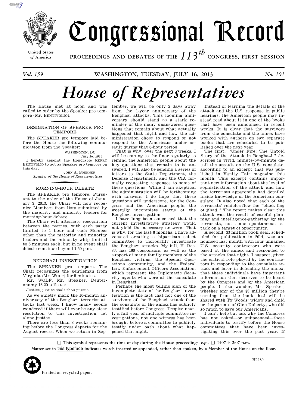 Congressional Record United States Th of America PROCEEDINGS and DEBATES of the 113 CONGRESS, FIRST SESSION