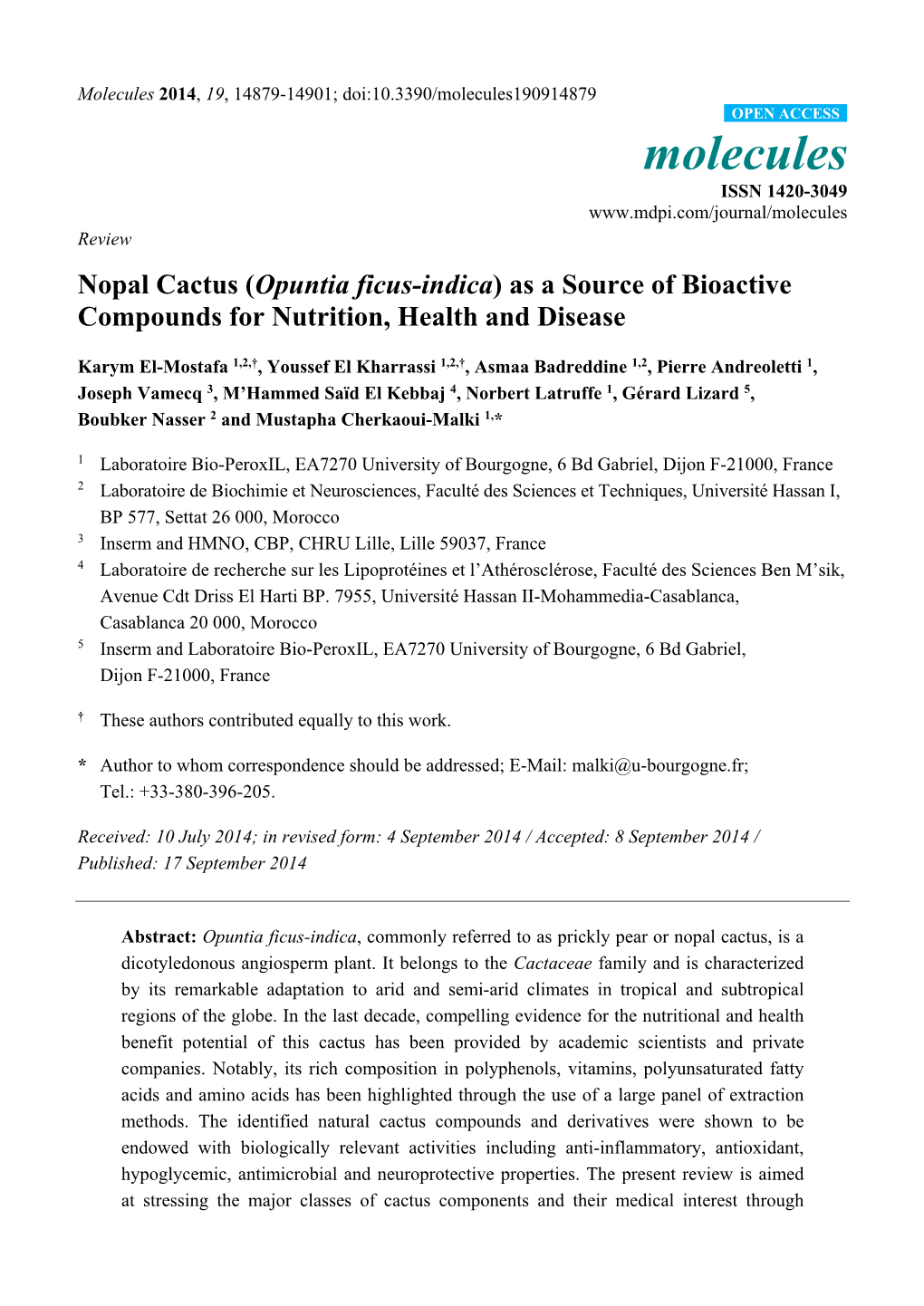 Nopal Cactus (Opuntia Ficus-Indica) As a Source of Bioactive Compounds for Nutrition, Health and Disease