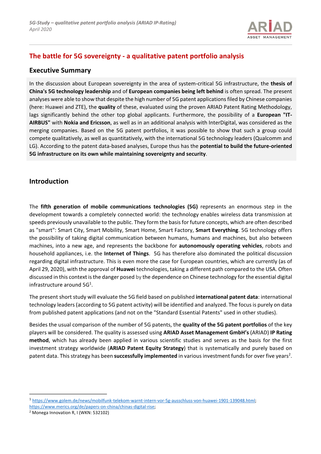 The Battle for 5G Sovereignty - a Qualitative Patent Portfolio Analysis Executive Summary