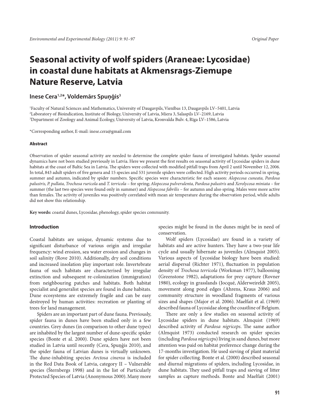 Seasonal Activity of Wolf Spiders (Araneae: Lycosidae) in Coastal Dune Habitats at Akmensrags-Ziemupe Nature Reserve, Latvia