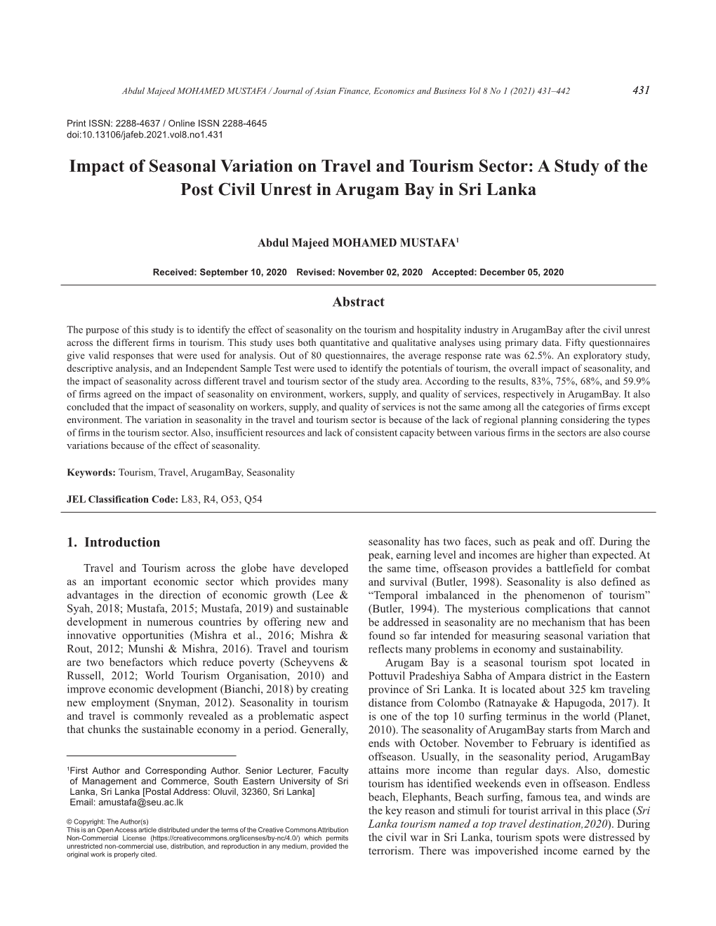 Impact of Seasonal Variation on Travel and Tourism Sector: a Study of the Post Civil Unrest in Arugam Bay in Sri Lanka