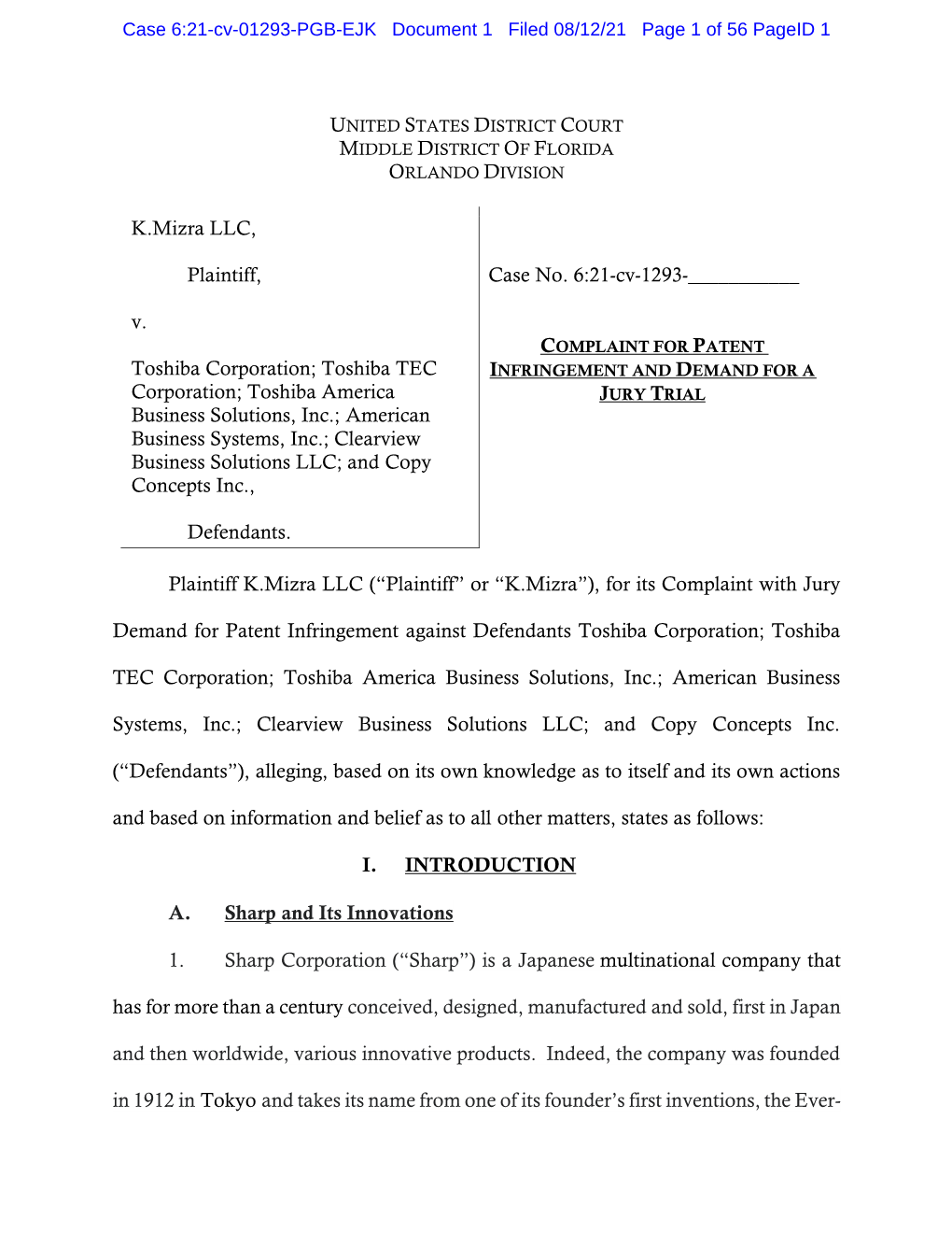 K.Mizra LLC, Plaintiff, V. Toshiba Corporation