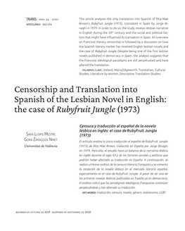 Censorship and Translation Into Spanish of the Lesbian Novel in English: the Case of Rubyfruit Jungle (1973)