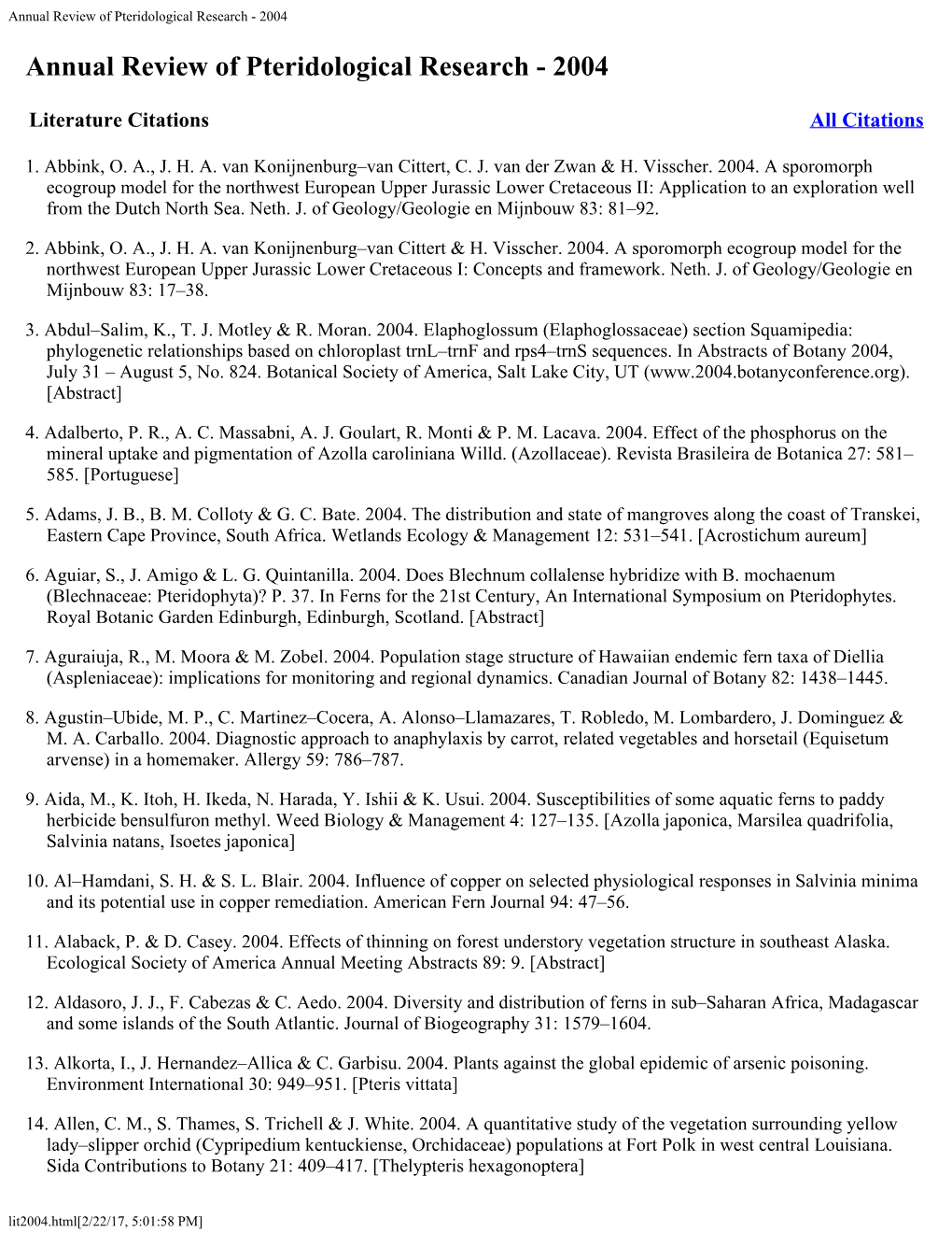 Annual Review of Pteridological Research - 2004