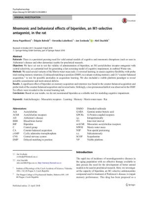 Mnemonic and Behavioral Effects of Biperiden, an M1-Selective Antagonist, in the Rat