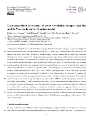 Data-Constrained Assessment of Ocean Circulation Changes Since the Middle Miocene in an Earth System Model Katherine A