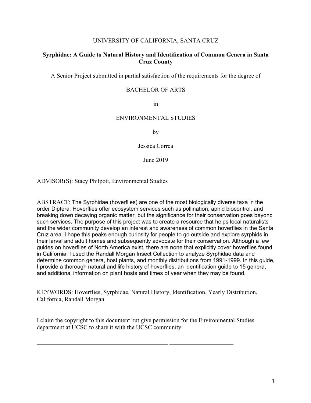 Field Guide to Local Species in the Syrphidae