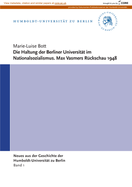 Die Haltung Der Berliner Universität Im Nationalsozialismus. Max Vasmers Rückschau 1948