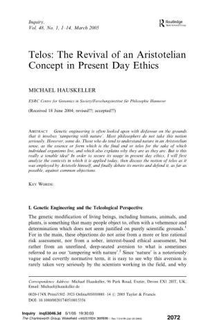 Telos: the Revival of an Aristotelian Concept in Present Day Ethics