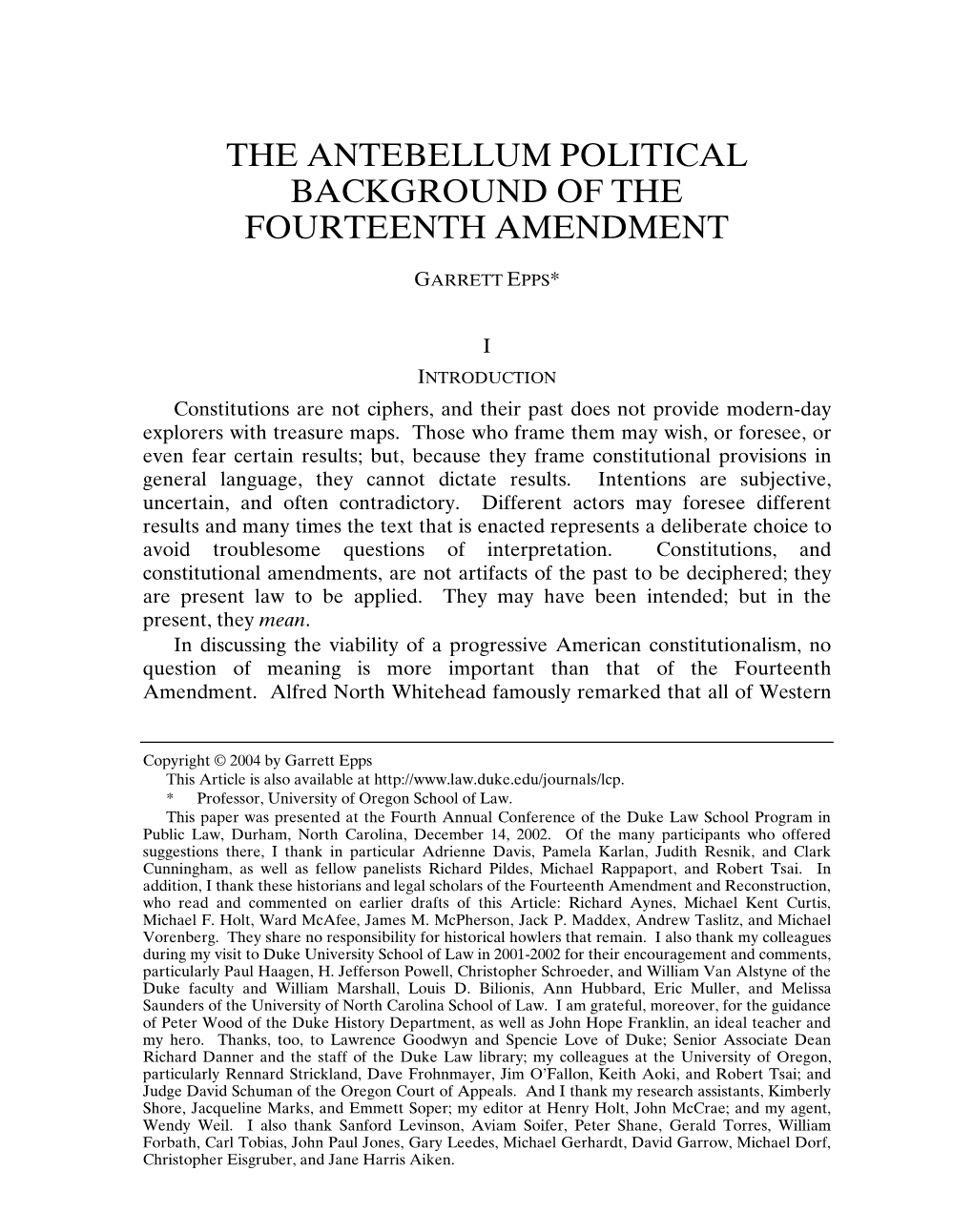 The Antebellum Political Background of the Fourteenth Amendment