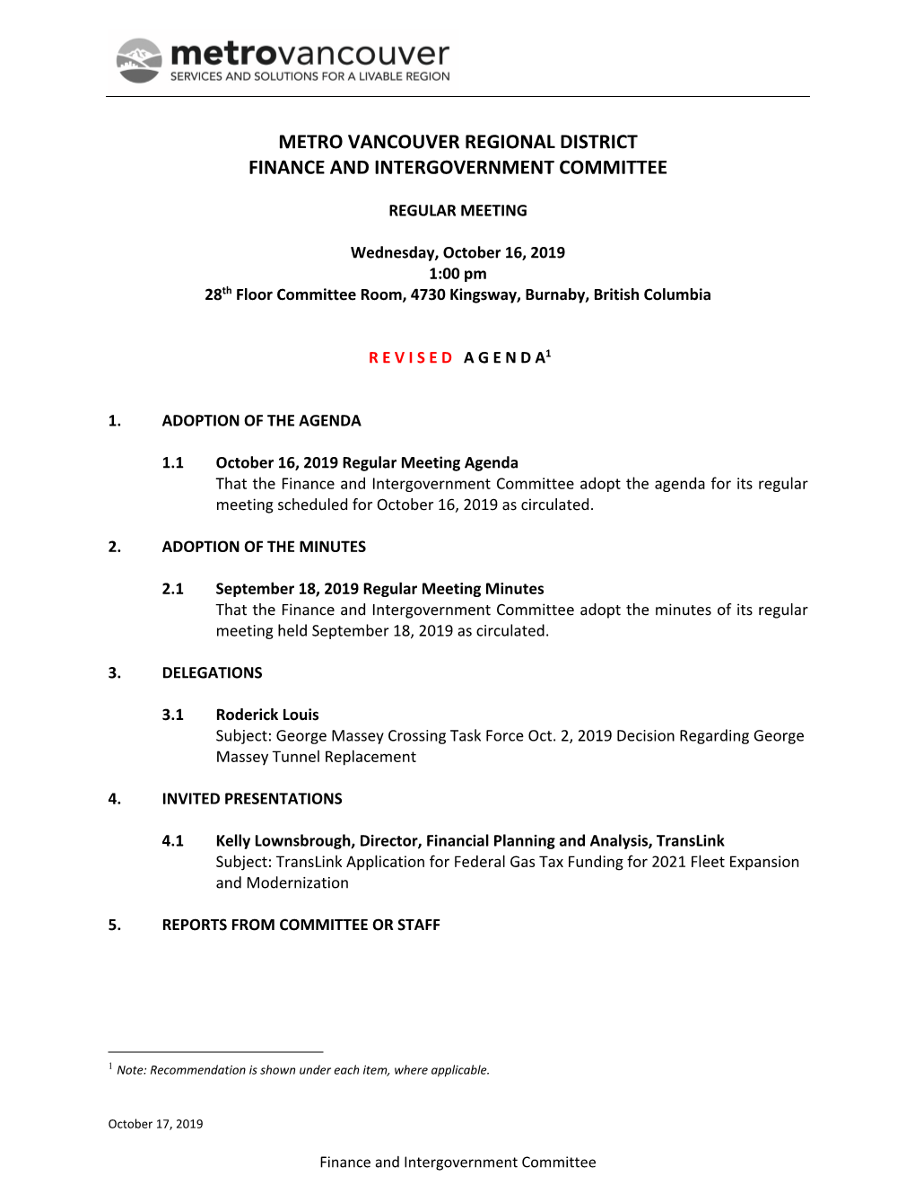 Finance and Intergovernment Committee Meeting Agenda