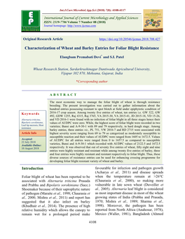 Characterization of Wheat and Barley Entries for Foliar Blight Resistance