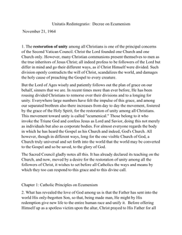 Unitatis Redintegratio: Decree on Ecumenism November 21, 1964 1
