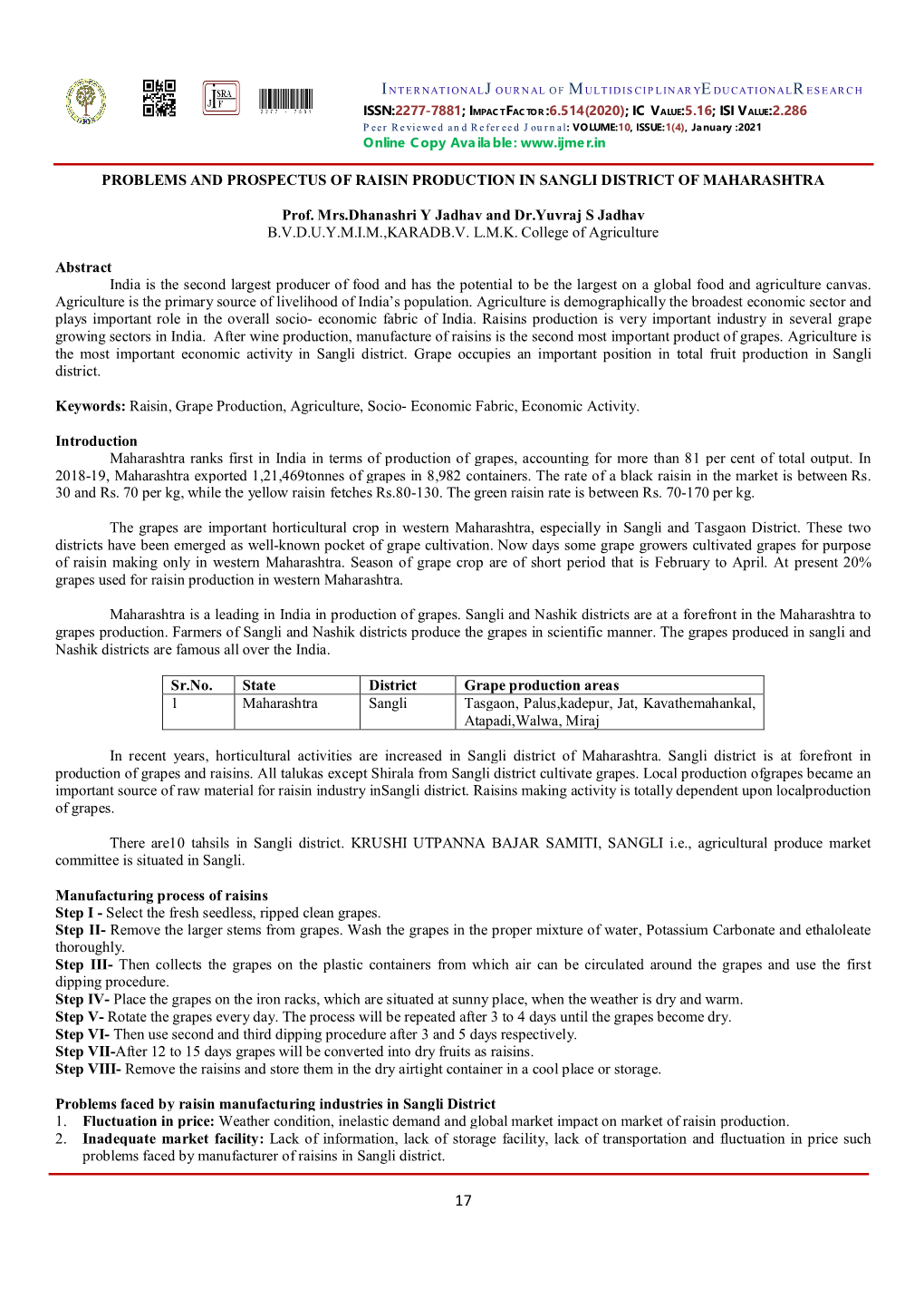 Problems and Prospectus of Raisin Production in Sangli District of Maharashtra