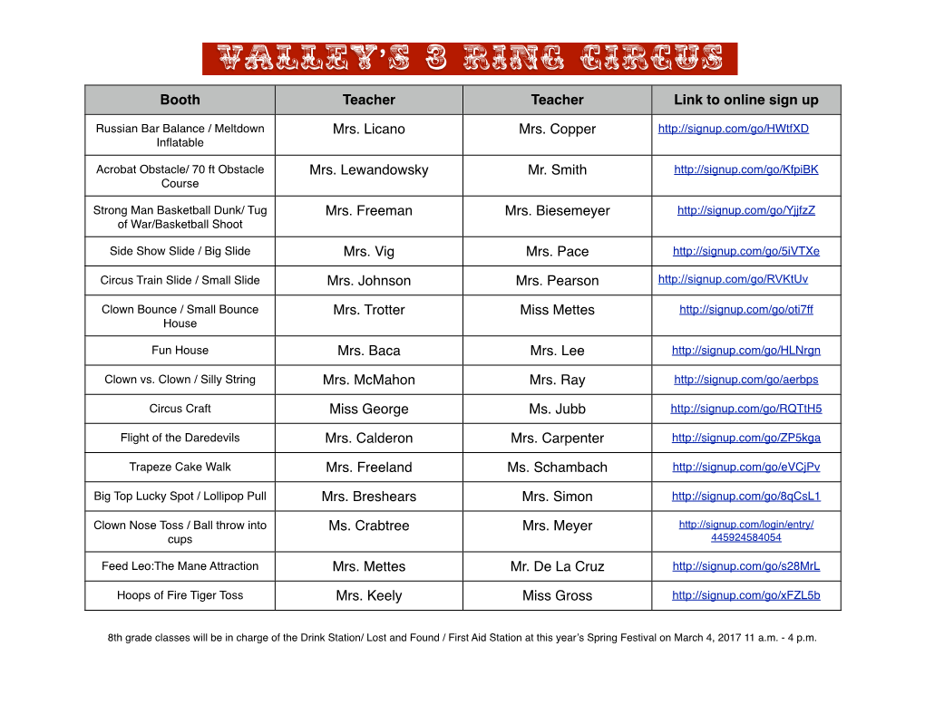 Spring Festival 2017 Class Booth Assignments