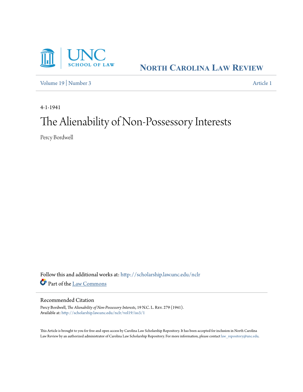 The Alienability of Non-Possessory Interests Percy Bordwell