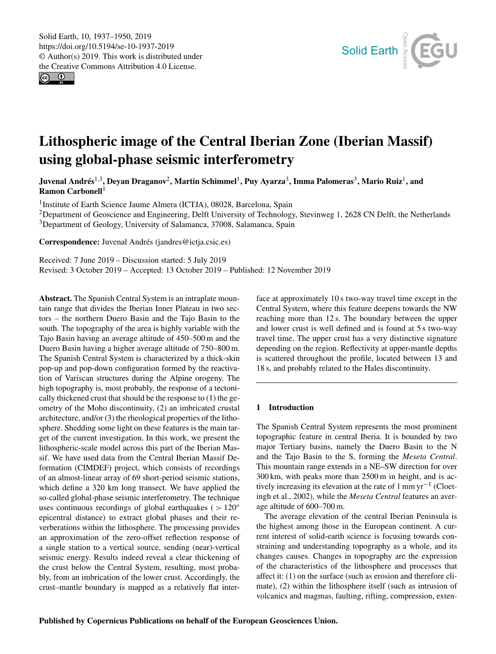 Lithospheric Image of the Central Iberian Zone (Iberian Massif) Using Global-Phase Seismic Interferometry