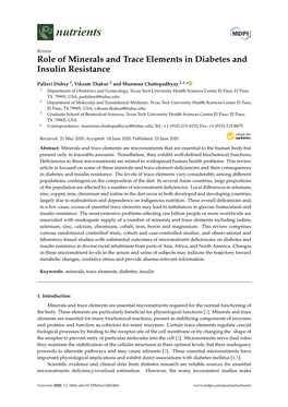 Role of Minerals and Trace Elements in Diabetes and Insulin Resistance
