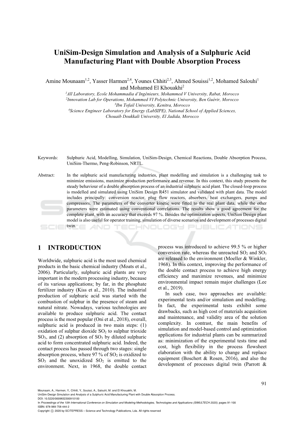 Unisim-Design Simulation and Analysis of a Sulphuric Acid Manufacturing Plant with Double Absorption Process