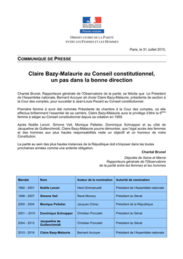 Claire Bazy-Malaurie Au Conseil Constitutionnel, Un Pas Dans La Bonne Direction
