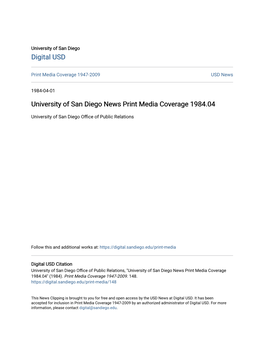 University of San Diego News Print Media Coverage 1984.04