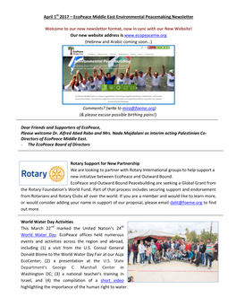 April 1St 2017 – Ecopeace Middle East Environmental Peacemaking Newsletter Welcome to Our New Newsletter Format, Now in Sync W