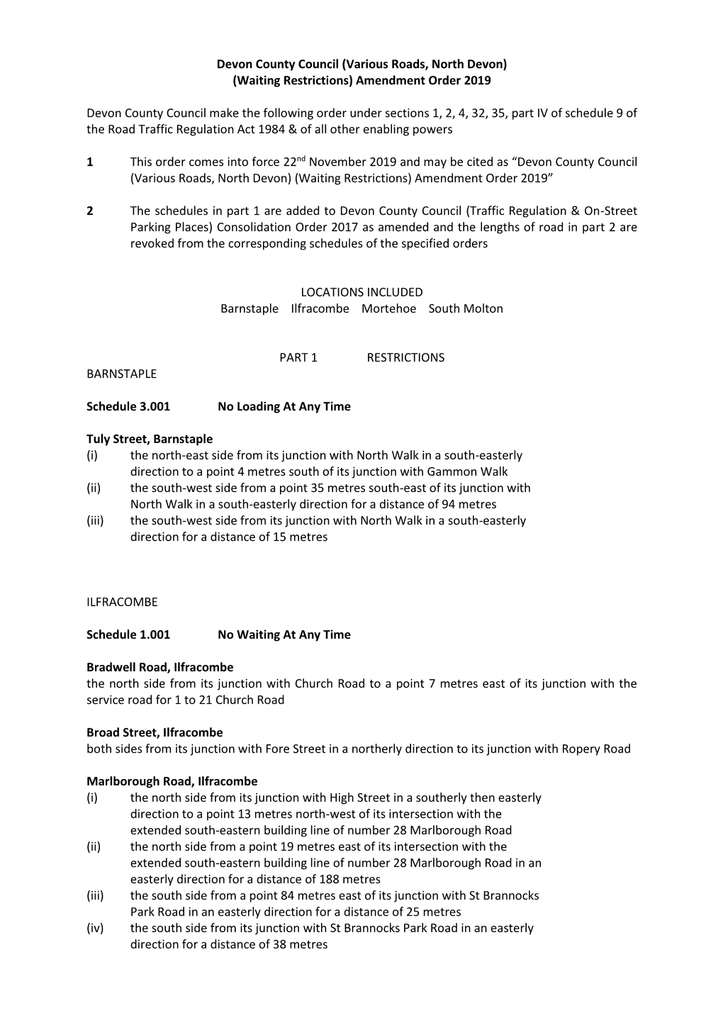 Devon County Council (Various Roads, North Devon) (Waiting Restrictions) Amendment Order 2019