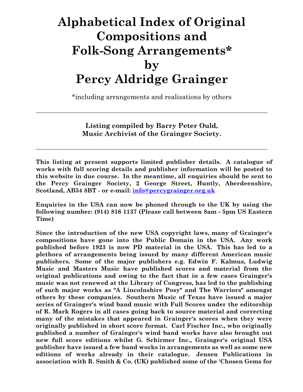 Alphabetical Index of Original Compositions and Folk-Song Arrangements* by Percy Aldridge Grainger