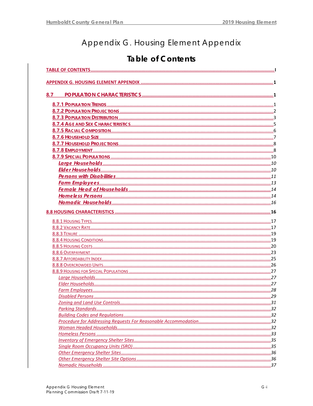 Appendix G. Housing Element Appendix Table of Contents TABLE of CONTENTS