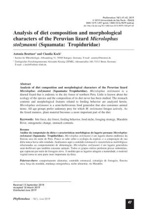 Analysis of Diet Composition and Morphological Characters of the Peruvian Lizard Microlophus Stolzmanni (Squamata: Tropiduridae)