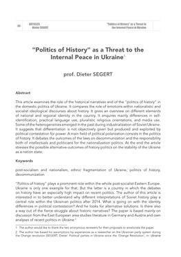 "Politics of History" As a Threat to the Internal Peace in Ukraine1
