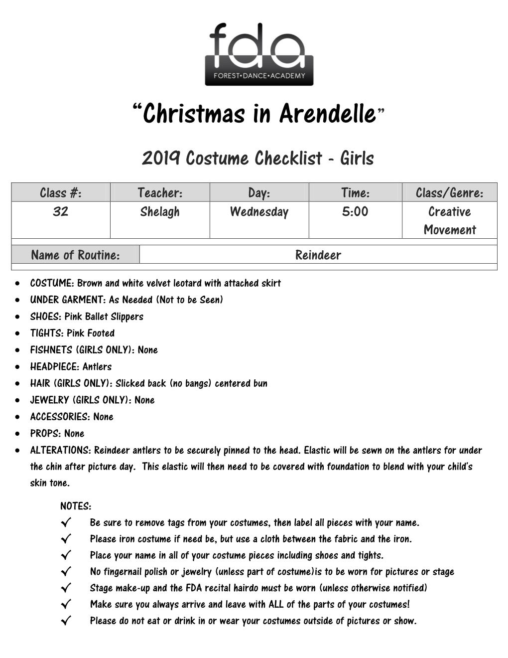 “Christmas in Arendelle” 2019 Costume Checklist - Girls