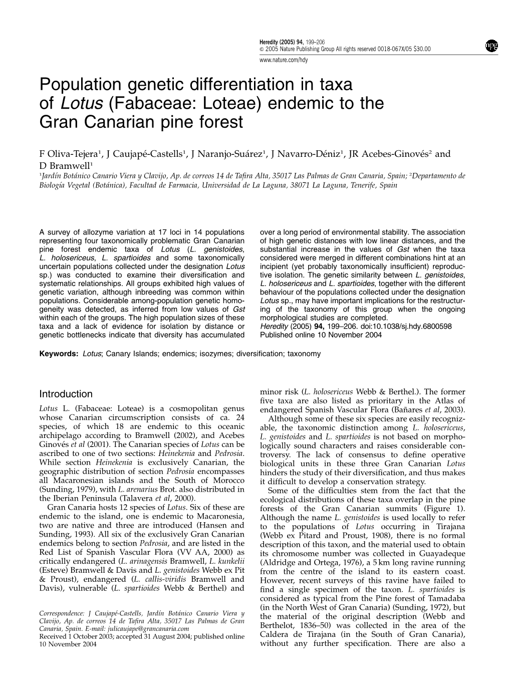 Population Genetic Differentiation in Taxa of Lotus (Fabaceae: Loteae) Endemic to the Gran Canarian Pine Forest