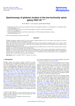 Spectroscopy of Globular Clusters in the Low-Luminosity Spiral Galaxy NGC 45�,