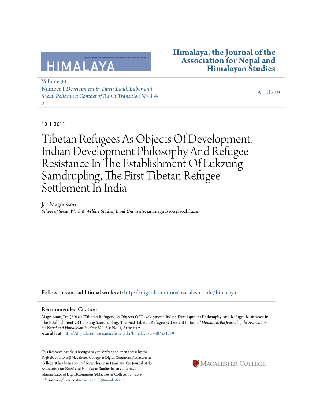 Tibetan Refugees As Objects of Development. Indian Development