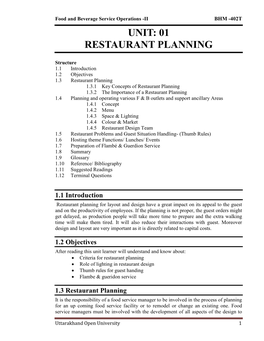 Unit: 01 Restaurant Planning