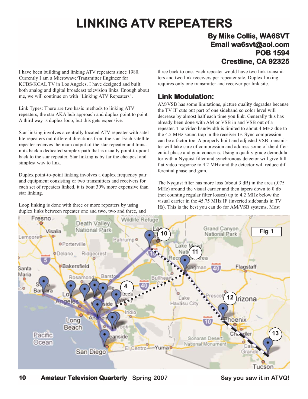 LINKING ATV REPEATERS by Mike Collis, WA6SVT Email Wa6svt@Aol.Com POB 1594 Crestline, CA 92325 I Have Been Building and Linking ATV Repeaters Since 1980