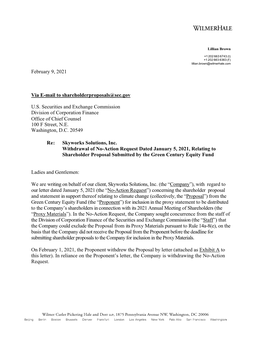 Skyworks Solutions, Inc. Withdrawal of No-Action Request Dated January 5, 2021, Relating to Shareholder Proposal Submitted by the Green Century Equity Fund