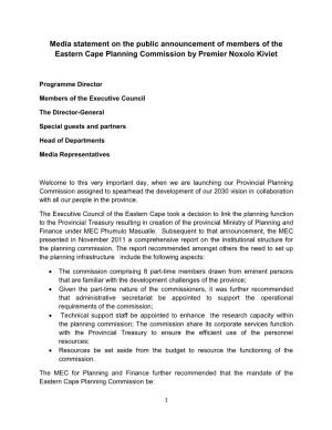 Media Statement on the Public Announcement of Members of the Eastern Cape Planning Commission by Premier Noxolo Kiviet
