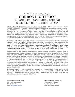Gordon Lightfoot Announces His Canadian Touring Schedule for the Spring of 2009