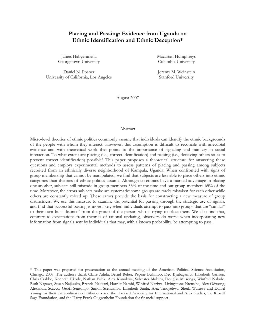 Placing and Passing: Evidence from Uganda on Ethnic Identification and Ethnic Deception*