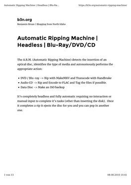 Automatic Ripping Machine | Headless | Blu-Ray/DVD/CD