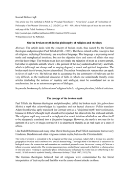 On the Broken Myth in the Philosophy of Religion and Theology Abstract