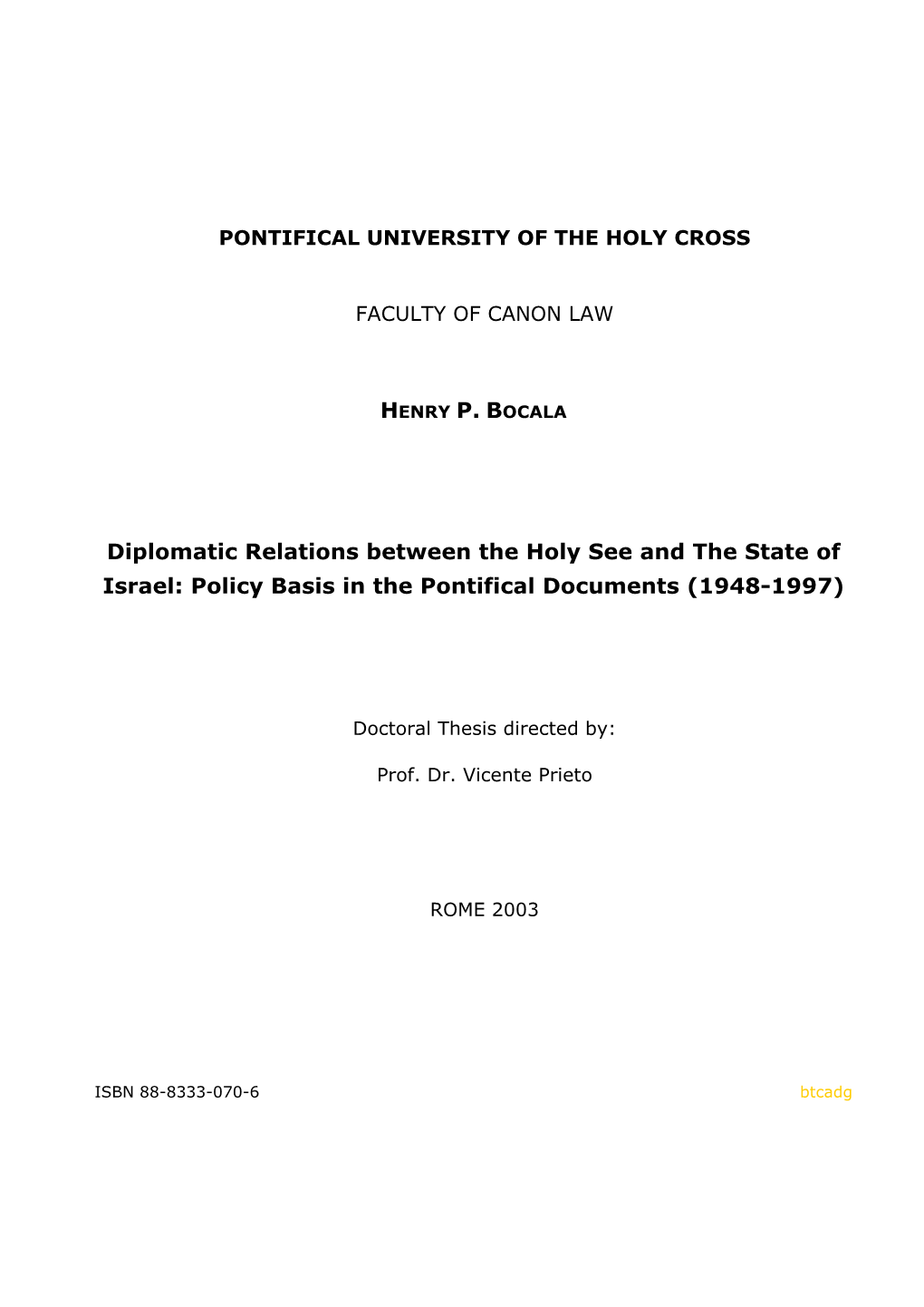 Btcadg H. Bocala, Diplomatic Relations Between the Holy See and the State of Israel