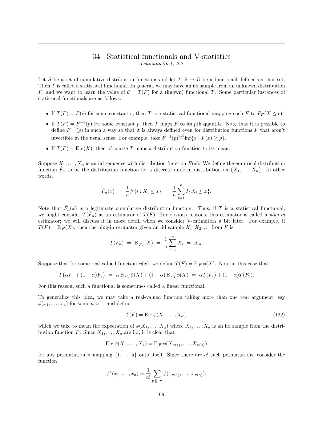 34. Statistical Functionals and V-Statistics Lehmann §6.1, 6.2